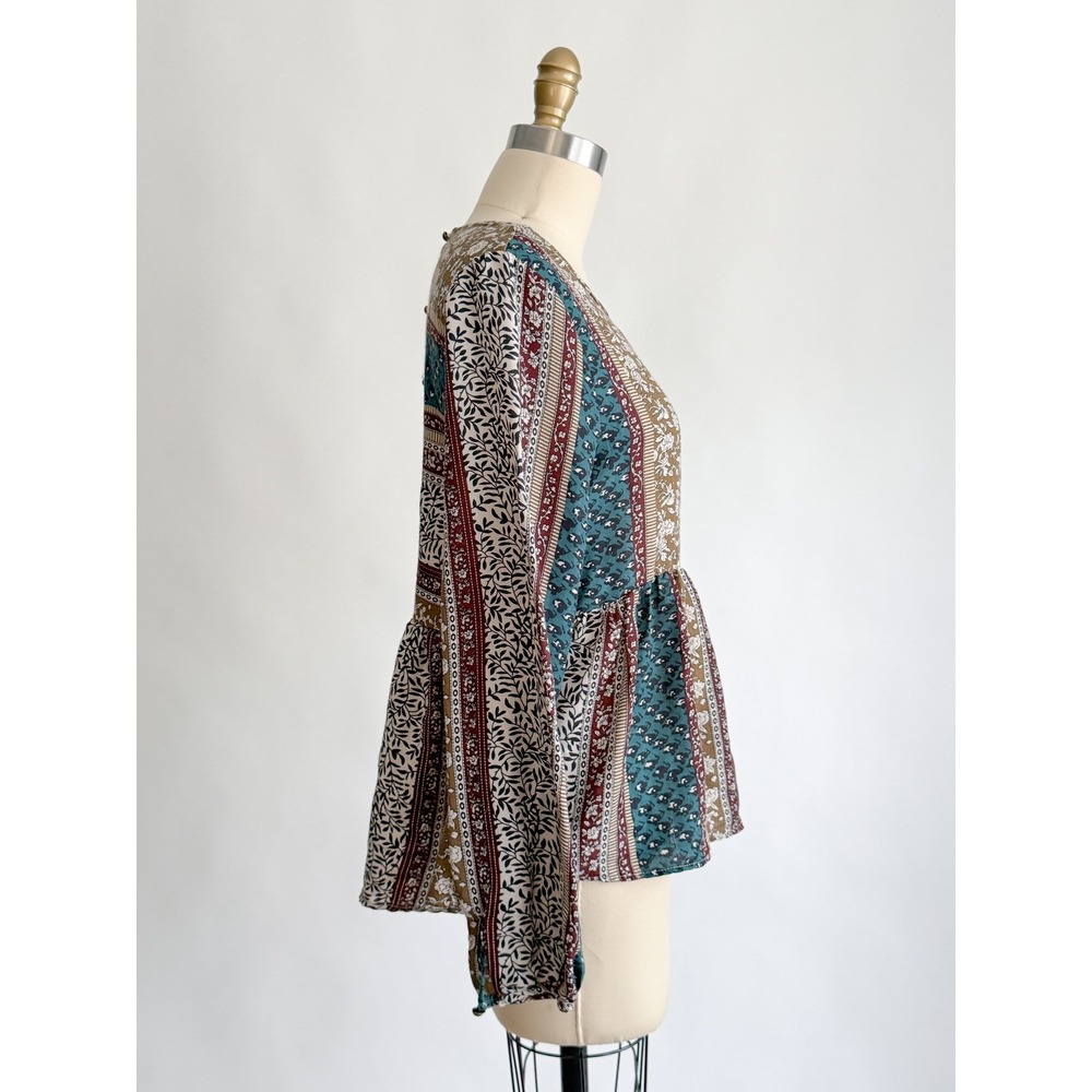 Boho Cottagecore Loveriche Patchwork Floral Peplum Top Small Brown Teal - Picture 4 of 7